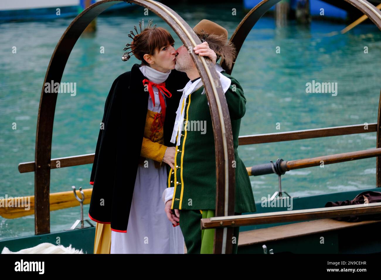 Venetians take part in the masquerade parade on the Grand Canal during the Venice carnival, in Venice, Italy February 5, 2023. Stock Photo