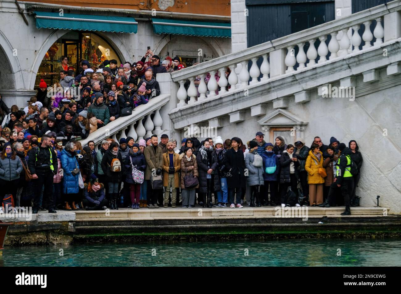Venetians take part in the masquerade parade on the Grand Canal during the Venice carnival, in Venice, Italy February 5, 2023. Stock Photo