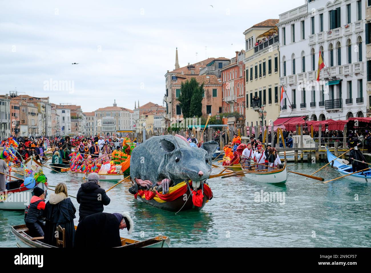 Venetians take part in the masquerade parade on the Grand Canal during the Venice carnival, in Venice, Italy February 5, 2023. Stock Photo