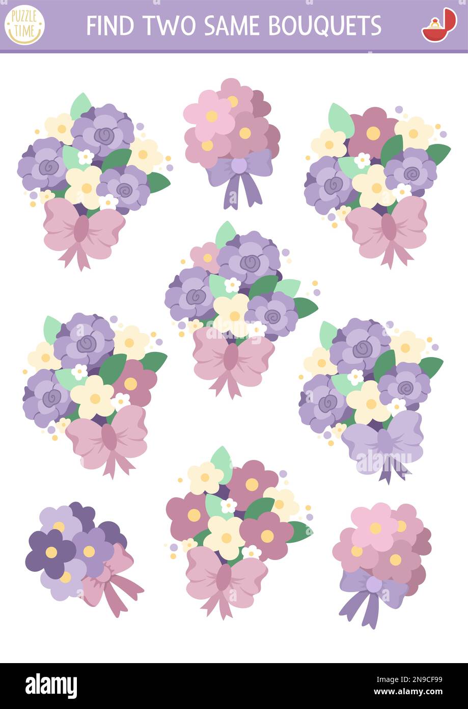 Find two same wedding bouquets. Marriage ceremony matching activity for
