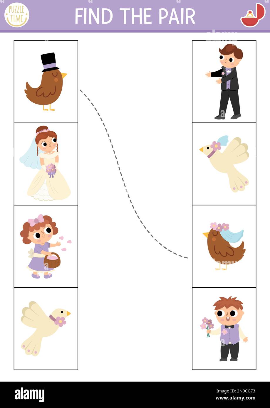Wedding matching activity for children. Fun puzzle with cute just married couples. Marriage ceremony educational game, printable worksheet for kids wi Stock Vector