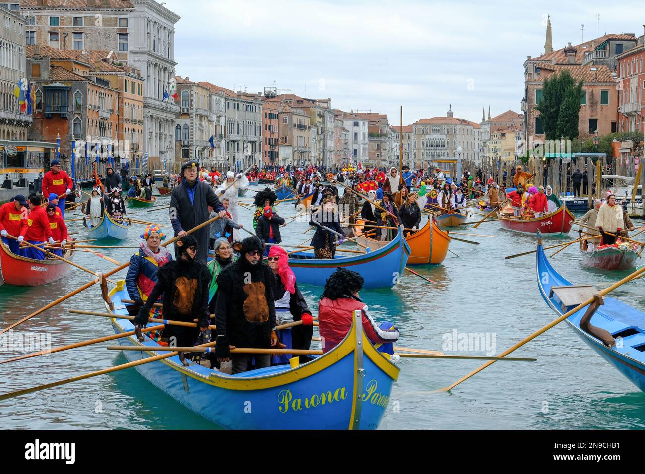 Venetians take part in the masquerade parade on the Grand Canal during the Venice carnival, in Venice, Italy February 5, 2023. Stock Photo