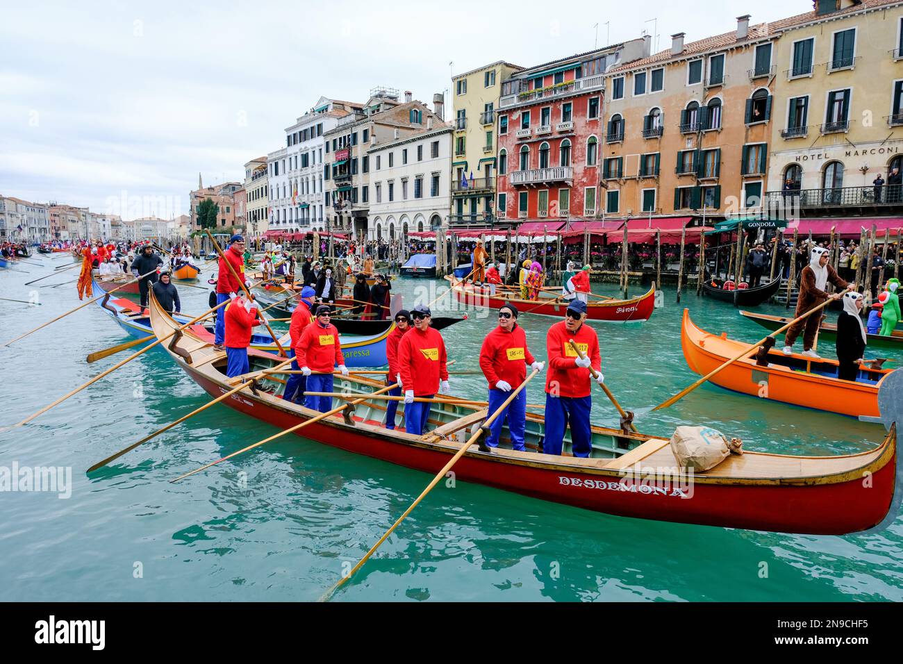 Venetians take part in the masquerade parade on the Grand Canal during the Venice carnival, in Venice, Italy February 5, 2023. Stock Photo