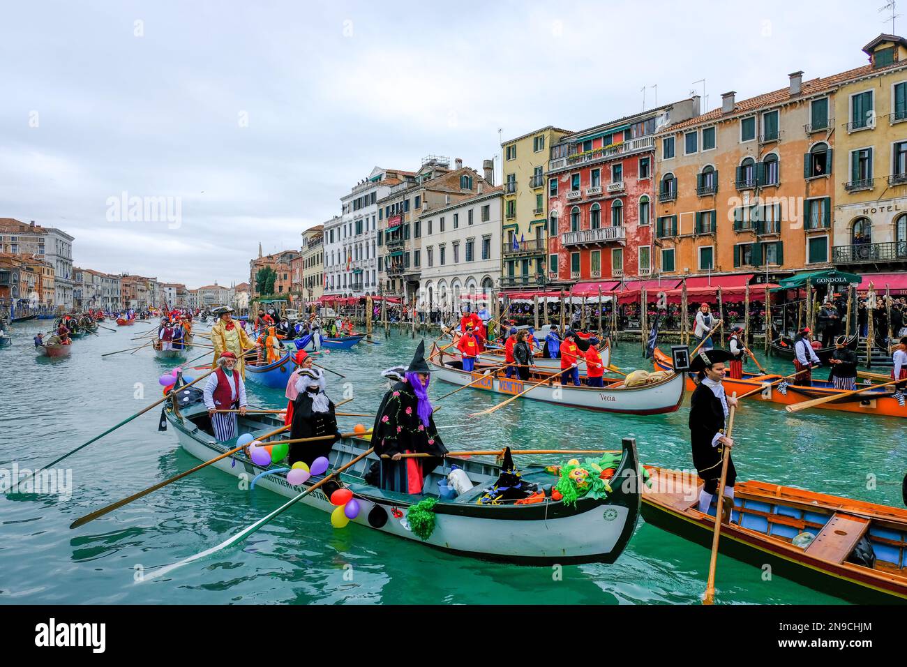 Venetians take part in the masquerade parade on the Grand Canal during the Venice carnival, in Venice, Italy February 5, 2023. Stock Photo