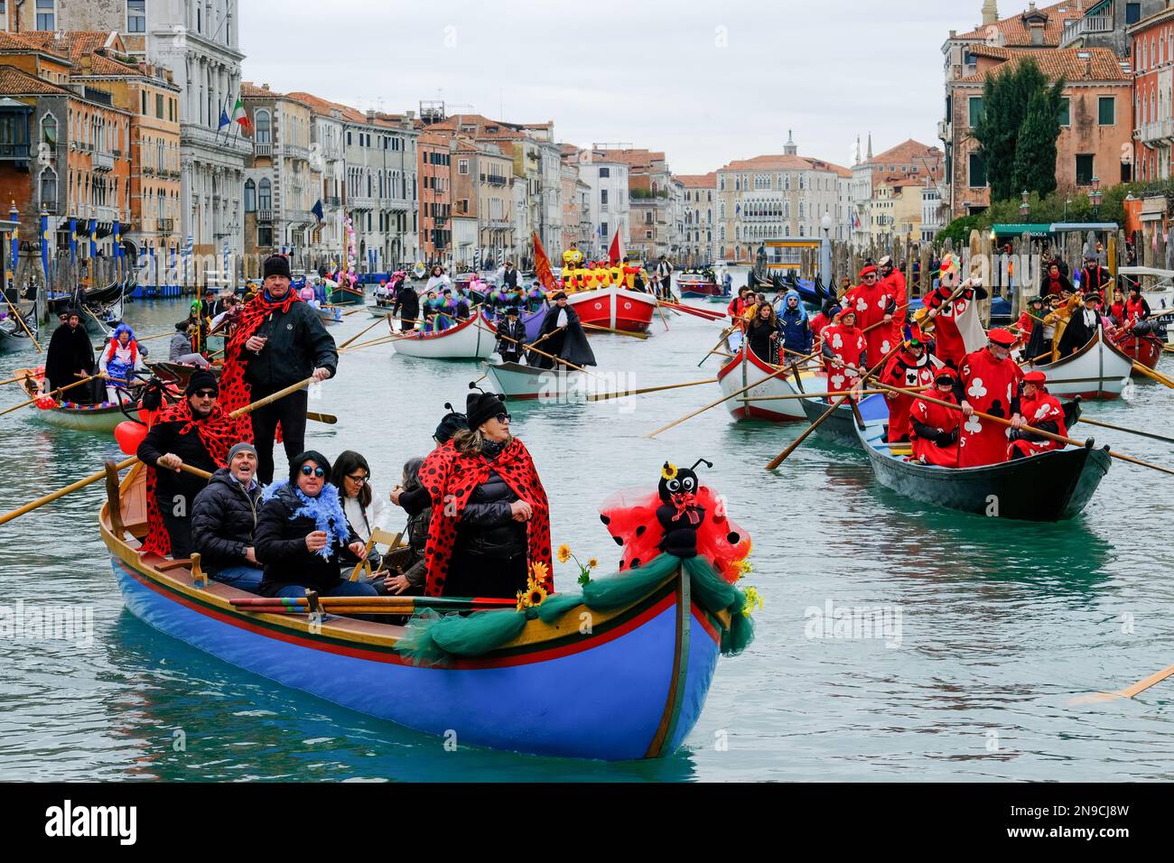 Venetians take part in the masquerade parade on the Grand Canal during the Venice carnival, in Venice, Italy February 5, 2023. Stock Photo