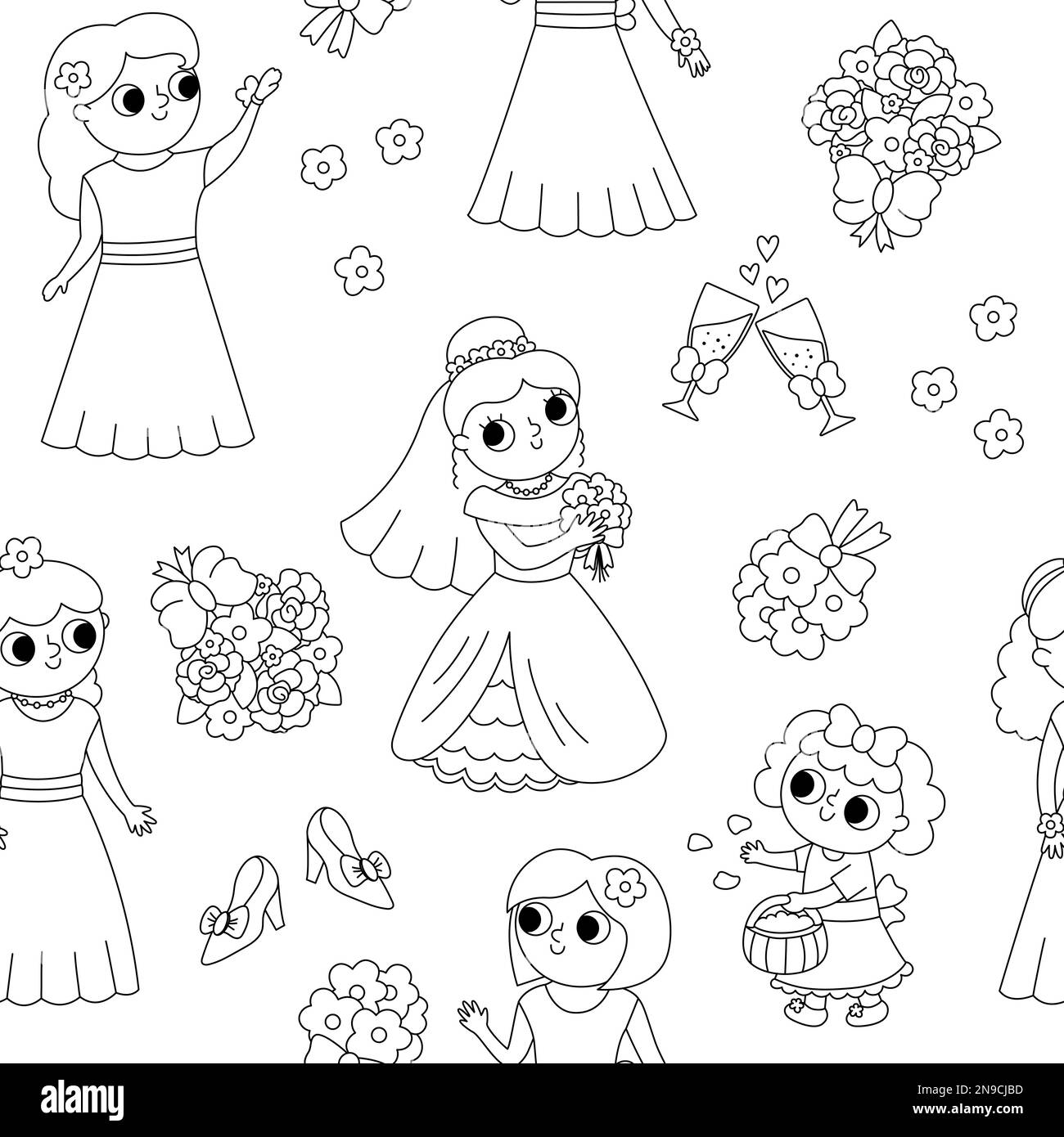 Vector black and white bridal showers seamless pattern with bride
