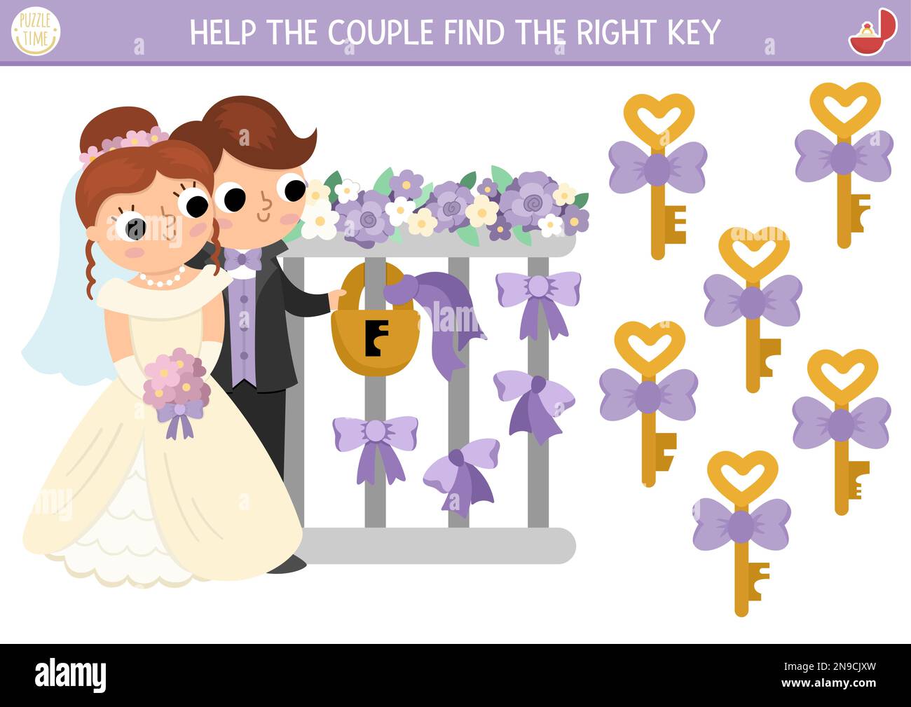 Find the right key for the lock. Wedding matching activity for children. Marriage ceremony education quiz worksheet for kids for attention skills. Sim Stock Vector