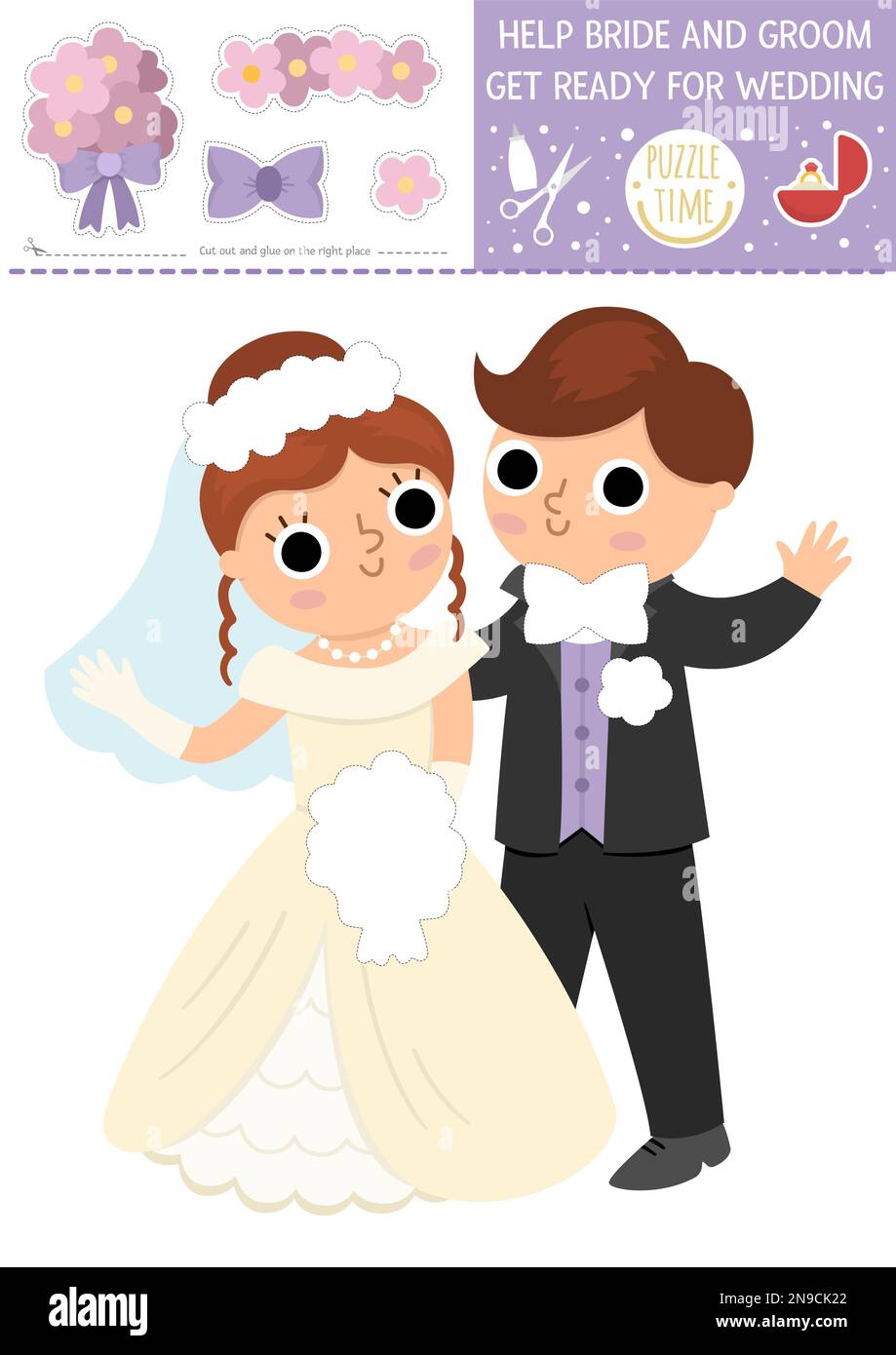 Vector wedding cut and glue activity. Help bride and groom get ready ...