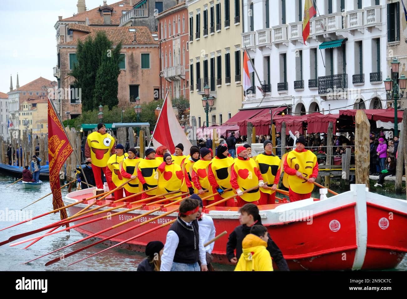 Venetians take part in the masquerade parade on the Grand Canal during the Venice carnival, in Venice, Italy February 5, 2023. Stock Photo