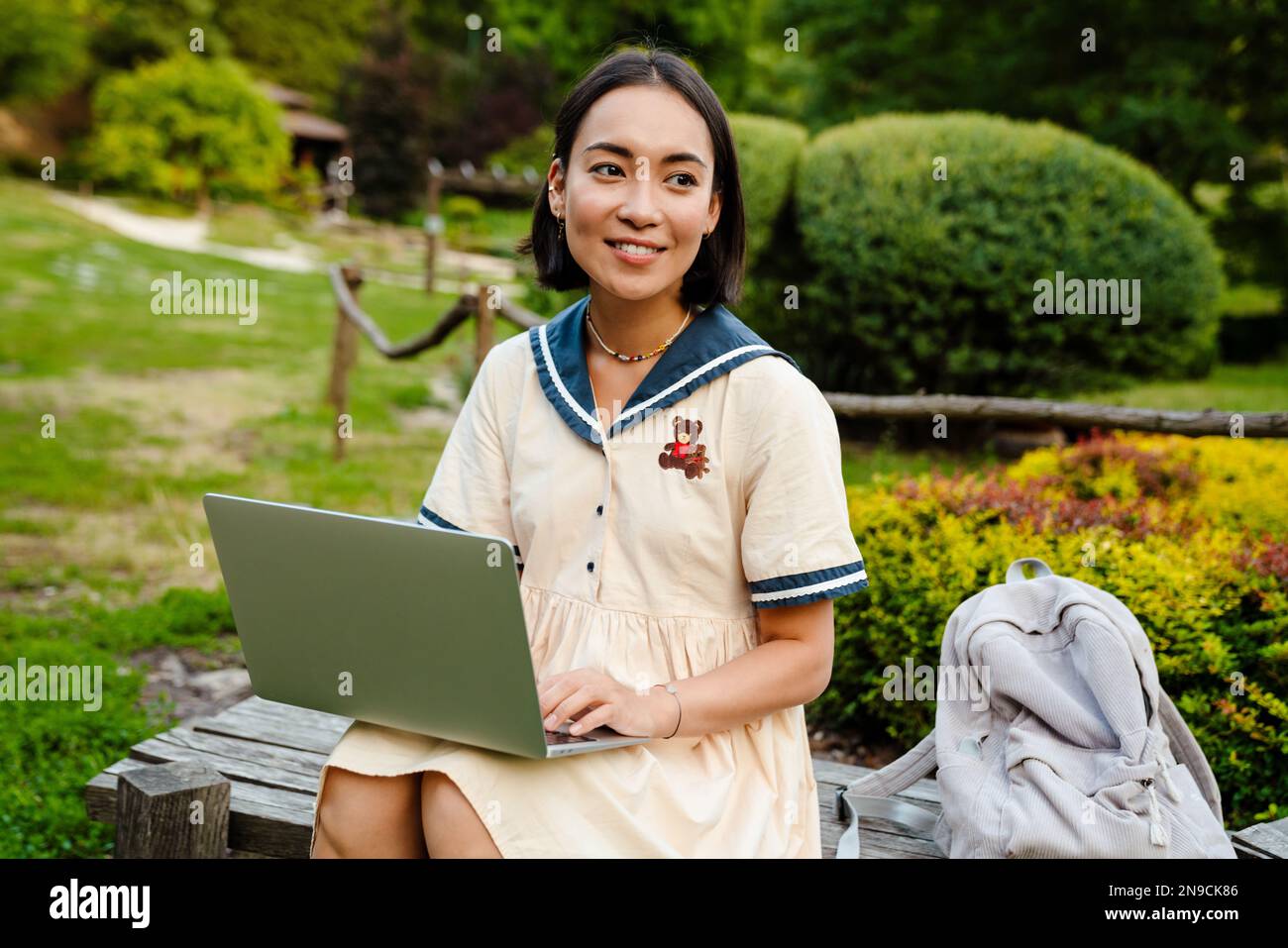 Young cheerful asian woman wearing dress using laptop while sitting on ...