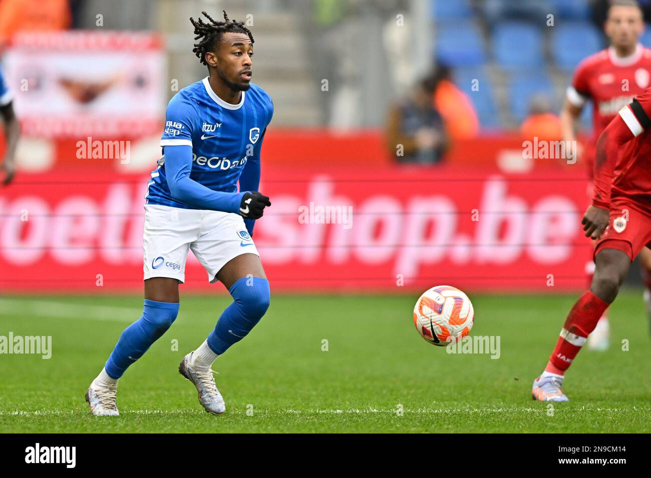Genk's Mike Tresor Ndayishimiye pictured in action during a soccer match  between KRC Genk and RAFC Royal Antwerp FC, Sunday 12 February 2023 in  Genk, on day 25 of the 2022-2023 'Jupiler