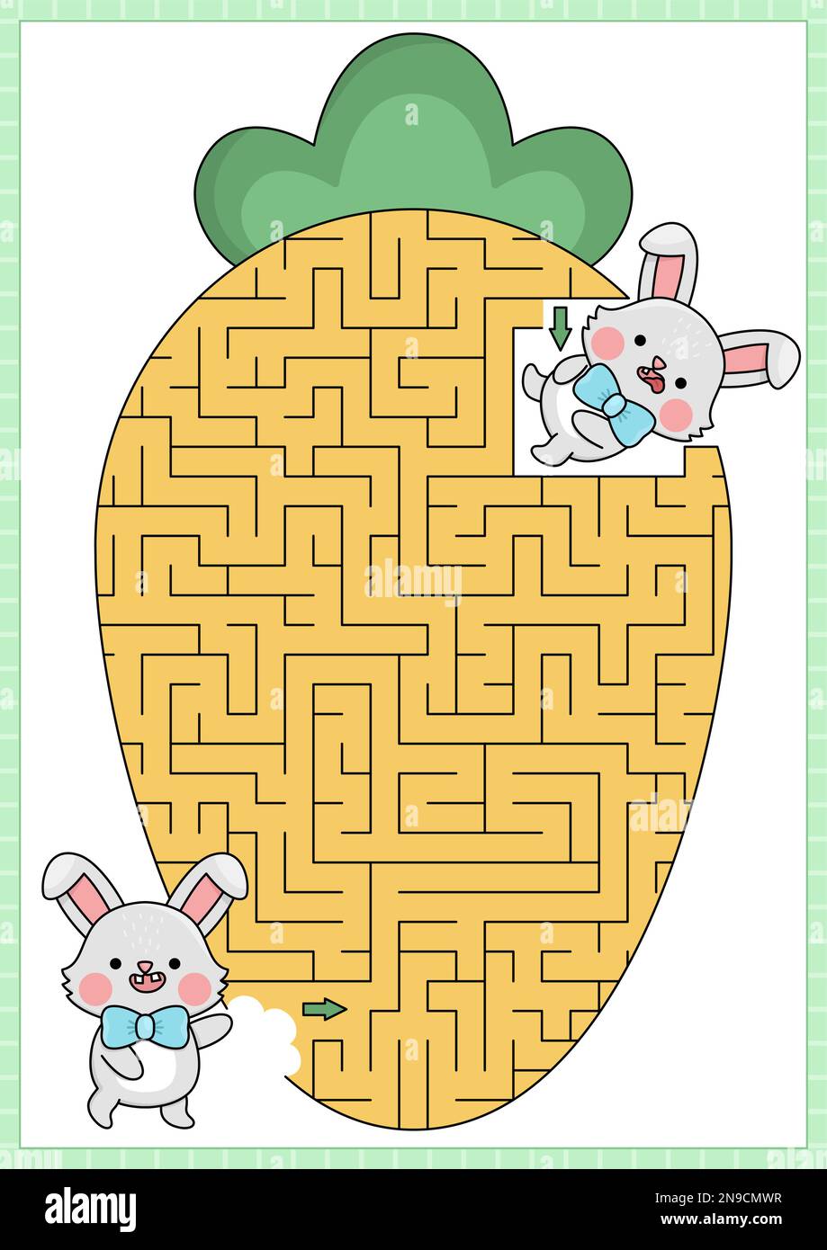 Easter maze for kids. Spring holiday preschool printable activity with kawaii bunny eating big carrot. Geometrical labyrinth game or puzzle with cute Stock Vector