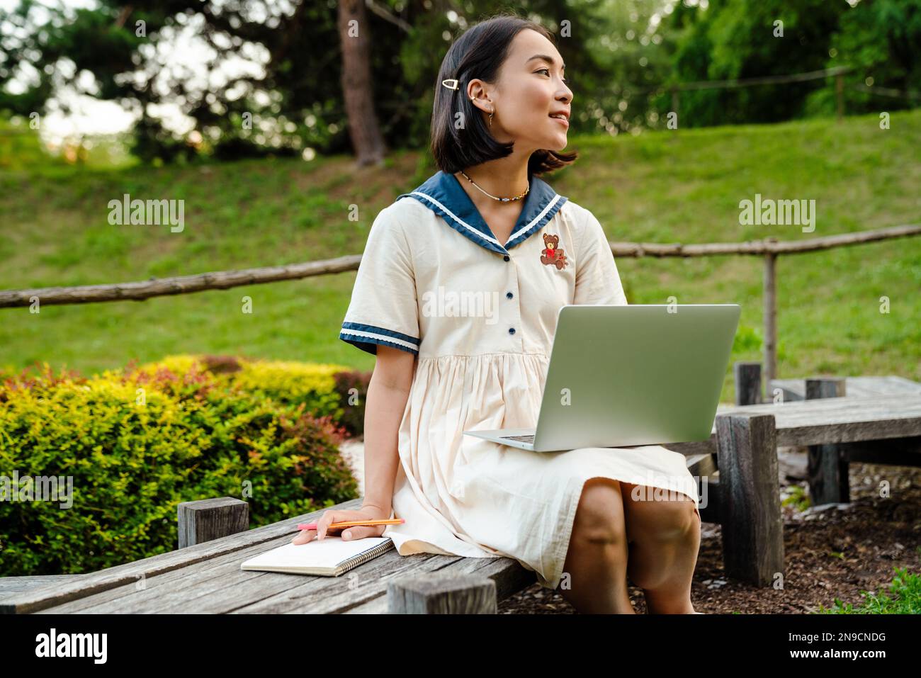 Young pretty asian girl wearing dress using laptop while sitting on ...