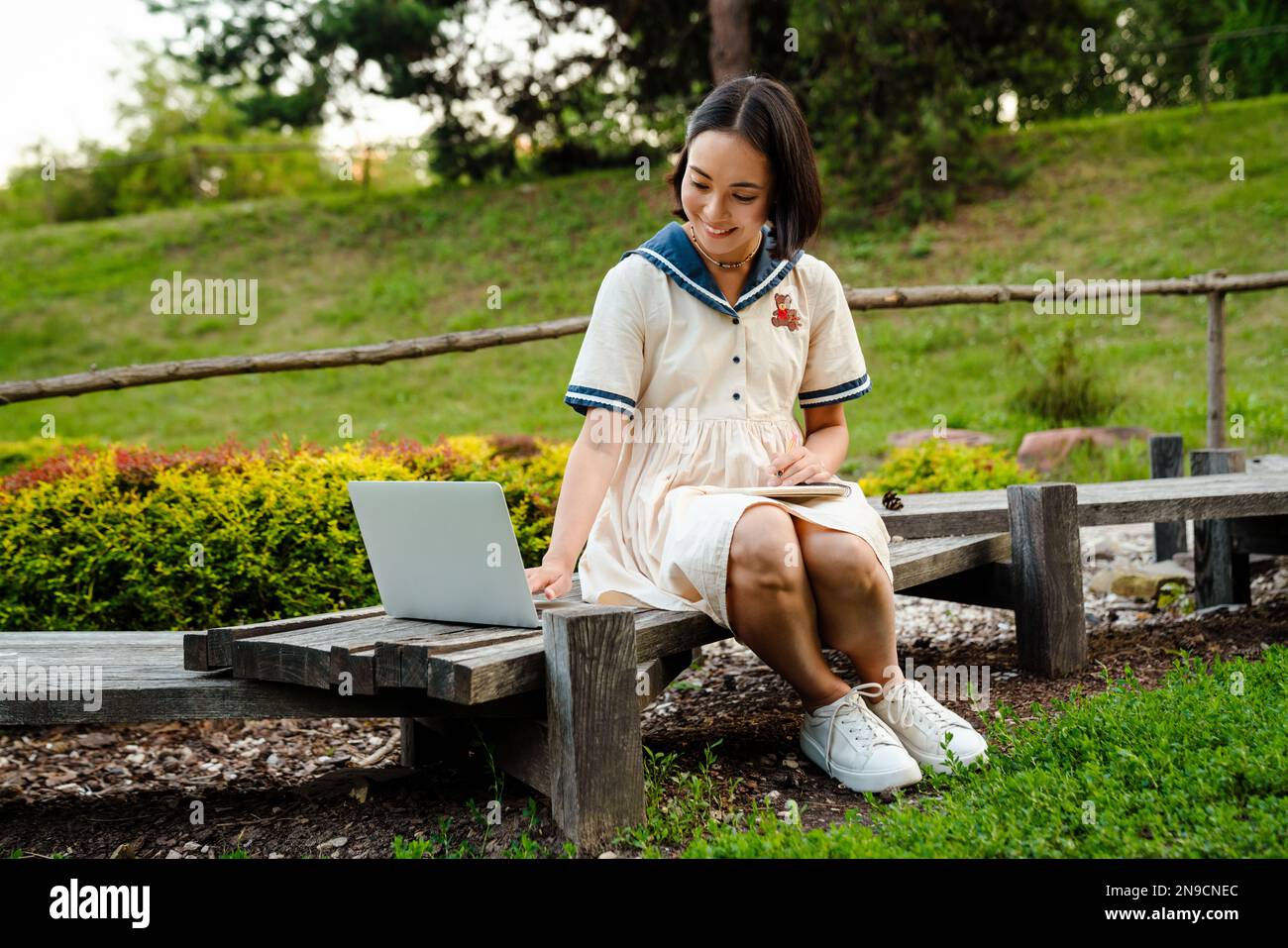 Young smiling asian girl wearing dress using laptop while sitting on ...