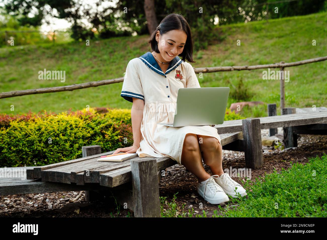 Young cheerful asian girl wearing dress using laptop while sitting on ...