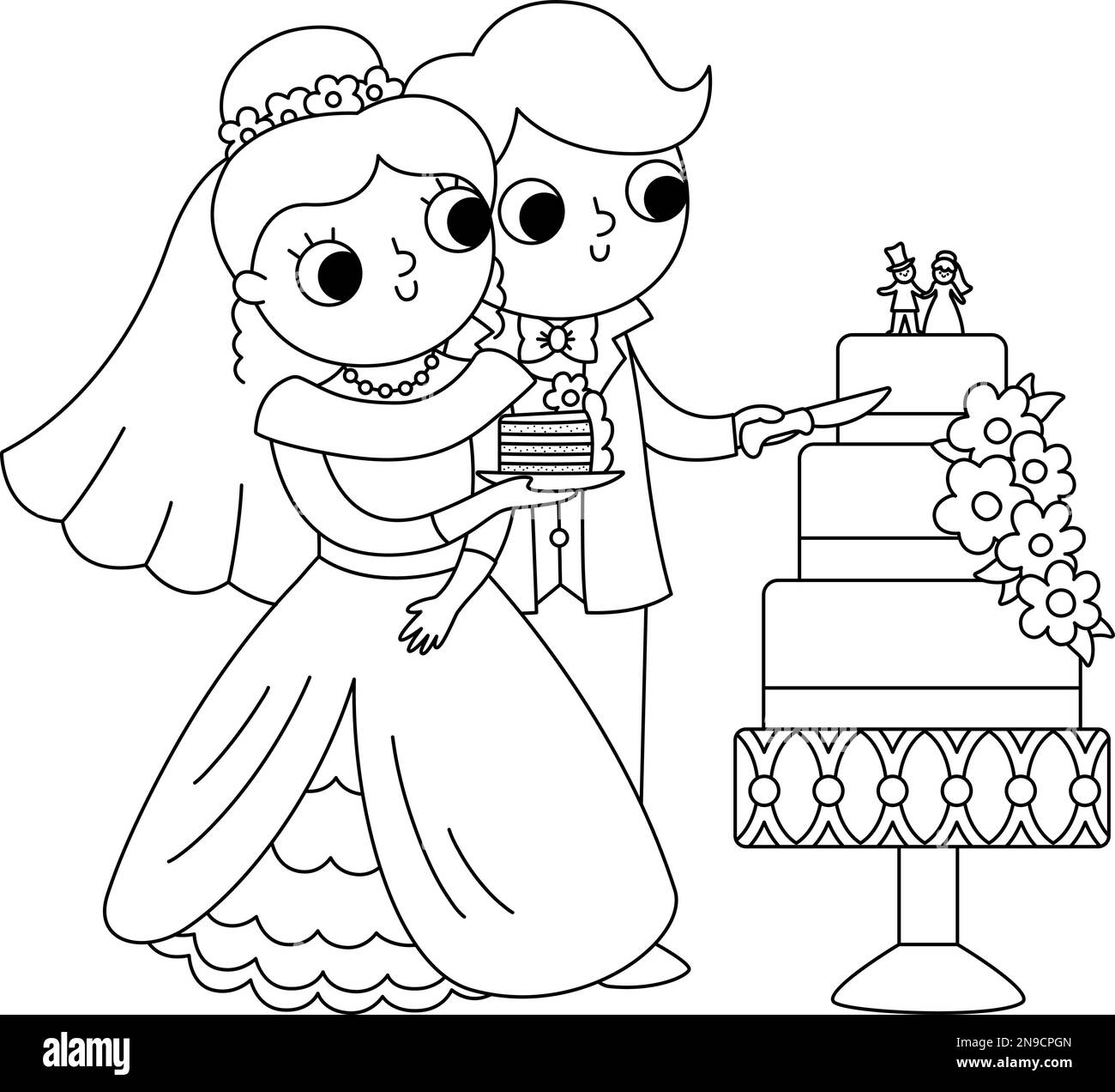 Vector black and white illustration with bride and groom. Cute just married couple. Wedding ceremony line icon. Cartoon marriage coloring page with ne Stock Vector