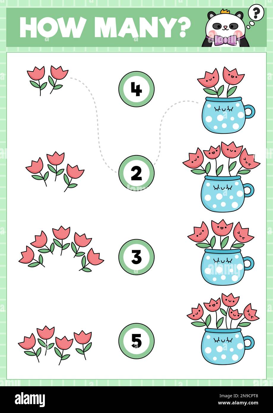 Spring matching game with cute kawaii tulips in cup. Garden math