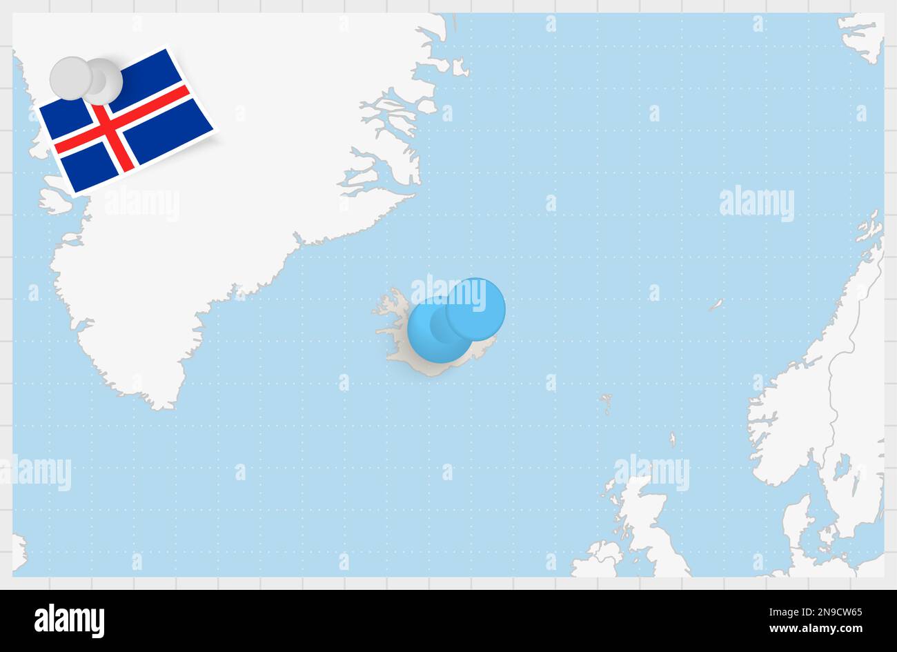 Map of Iceland with a pinned blue pin. Pinned flag of Iceland, vector illustration. Stock Vector