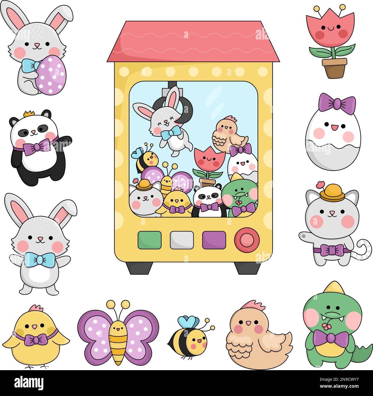Vector kawaii toy vending machine with Easter toys. Cute gadget  illustration with bunny, chick, colored egg, panda bear, tulip flower.  Funny cartoon g Stock Vector Image & Art - Alamy