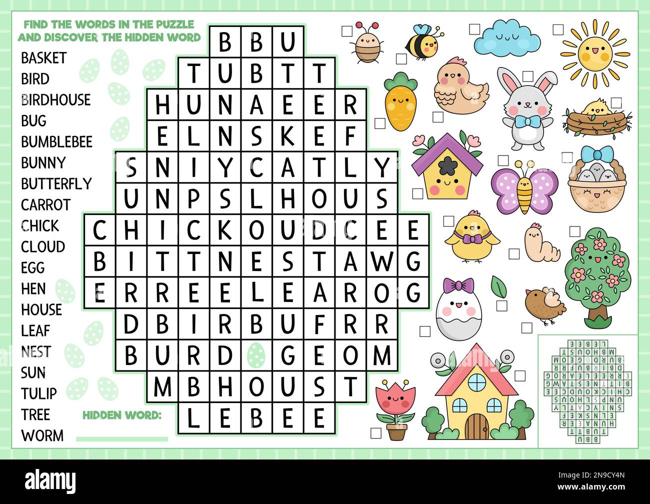 Vector Easter egg shaped word search puzzle for kids. Spring holiday