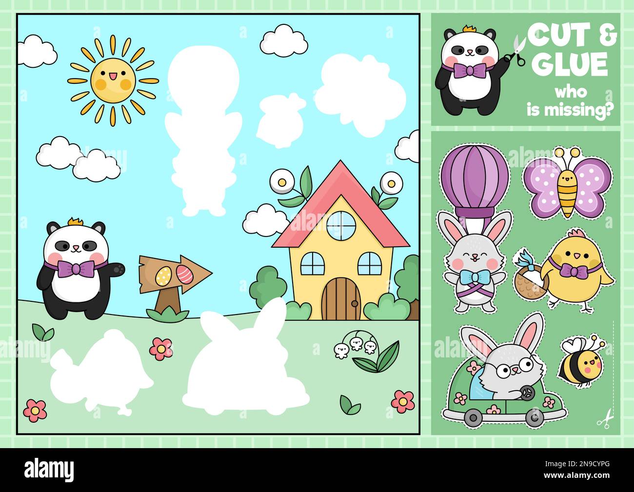 Vector Easter cut and glue activity. Crafting game with cute kawaii egg
