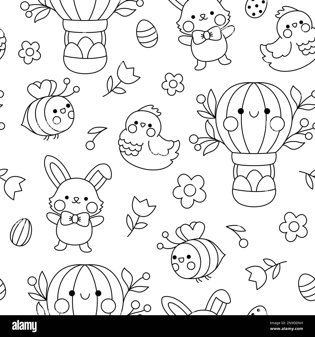 Vector black and white kawaii Easter or spring seamless pattern for kids. Cute cartoon repeat background, coloring page. Traditional symbols digital p Stock Vector
