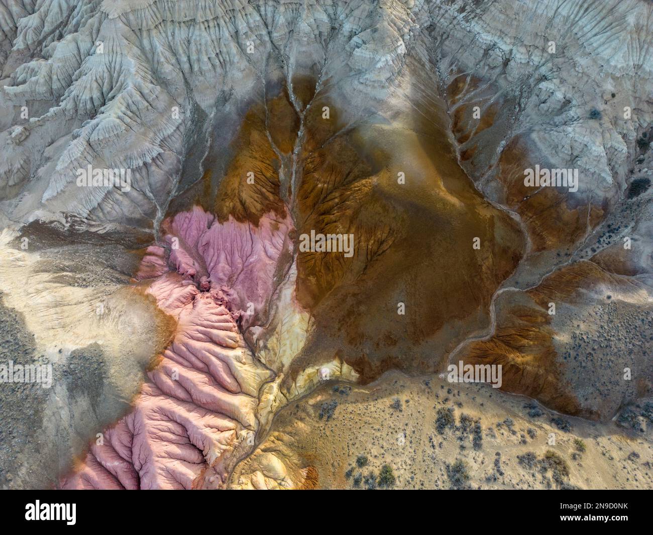 Aerial view of the stunning landscape of Tierra de Colores in Parque Patagonia in Argentina, South America Stock Photo