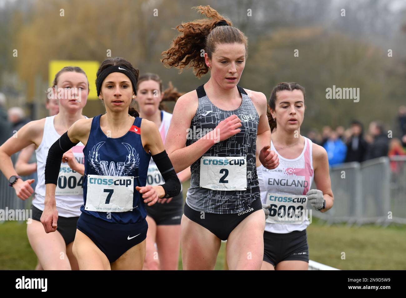 Belgian Chloe Herbiet, Belgian Lisa Rooms and English Sarah Astin pictured  in action during the women's race at the CrossCup cross country running  athletics event in Diest, the fifth stage of the