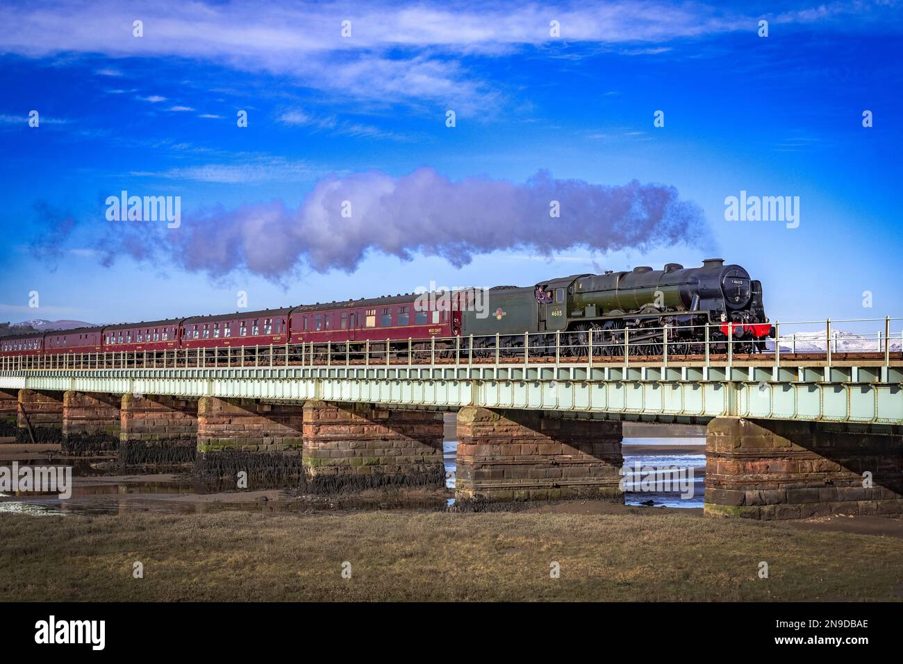 The Scots Guardsman steam train on the Eskmeals viaduct over the river Esk in Cumbria. steam train Stock Photo