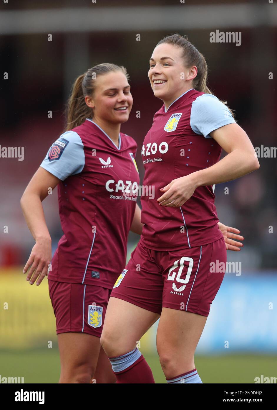 Crawley, UK. 12th Feb, 2023. Aston Villa's Kirsty Hanson celebrates scoring 1-2 during the Barclays Women's Super League match between Brighton & Hove Albion and Aston Villa at the Broadfield Stadium in Crawley. Credit: James Boardman/Alamy Live News Stock Photo