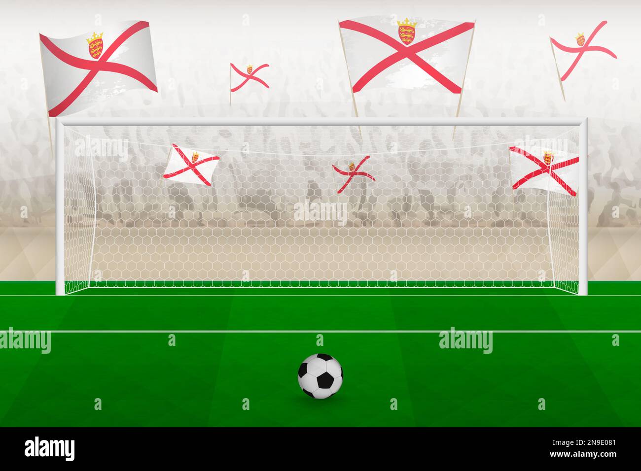 Jersey football team fans with flags of Jersey cheering on stadium