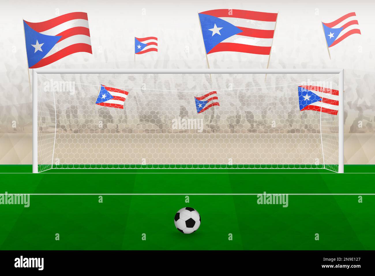 Puerto Rico football team fans with flags of Puerto Rico cheering on stadium, penalty kick