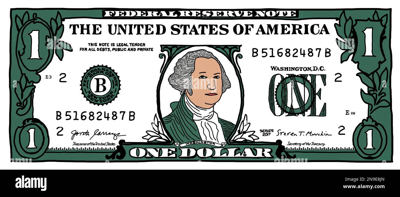 Cartoon Hand Drawn Colorized 1 Dollar Banknote For Design Purpose Stock usd-to-eur-january-2024-lucie-robenia