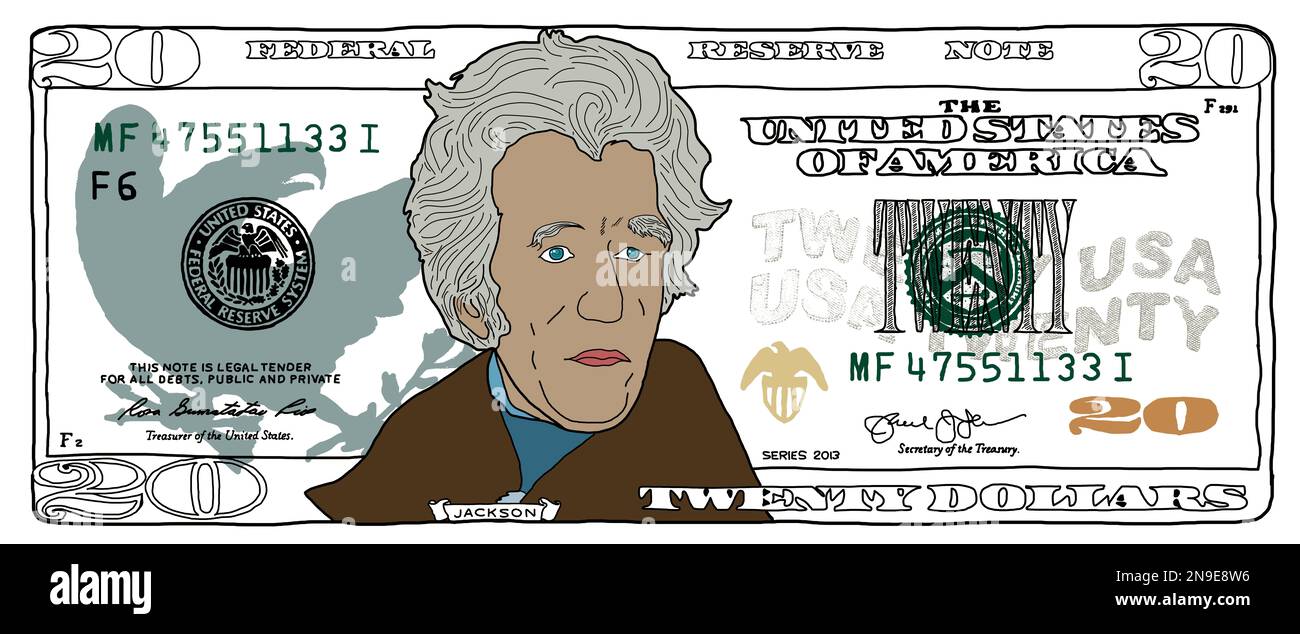 Cartoon hand drawn colorized 20 dollar banknote for design purpose Stock Photo