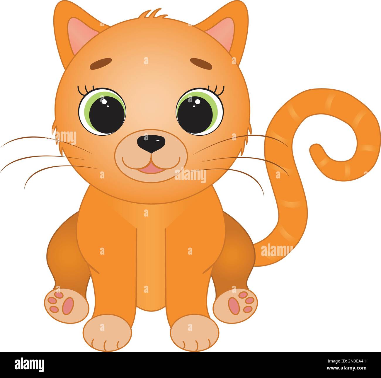 Cute cartoon cat with big green eyes on white isolated background ...