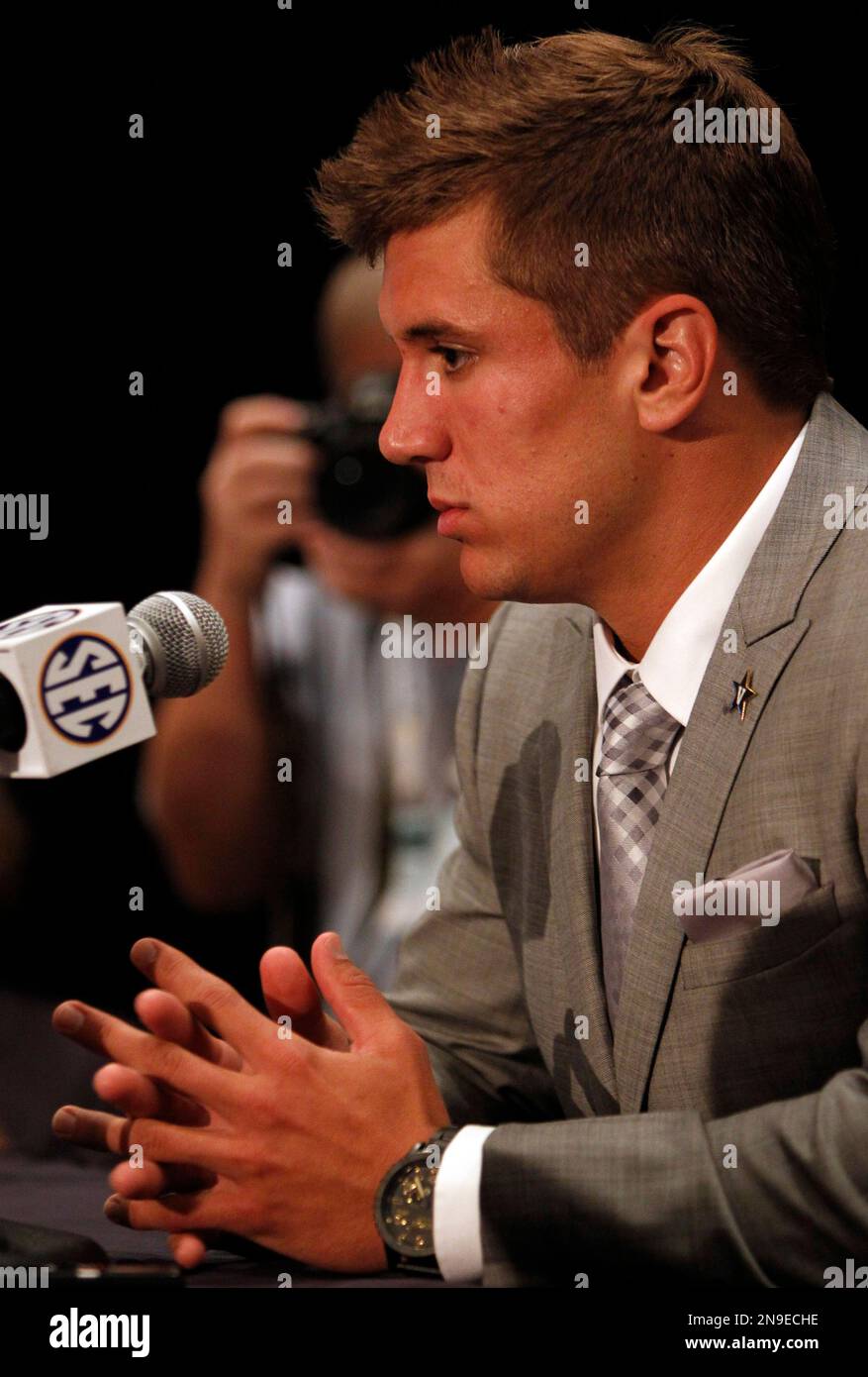 Vanderbilt quarterback Jordan Rodgers speaks to the media at the Southeastern Conference NCAA college football media day in Hoover, Ala. on Tuesday, July 17, 2012. (AP Photo/Butch Dill) Stock Photo