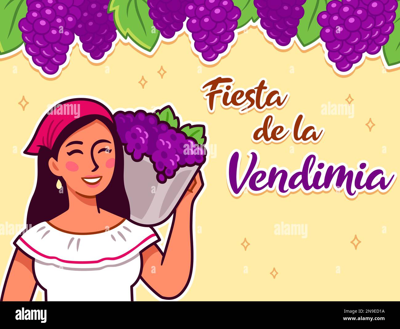 Fiesta de la Vendimia (Grape harvest festival in Spanish). Pretty hispanic woman holding basket of grapes. Stock Vector