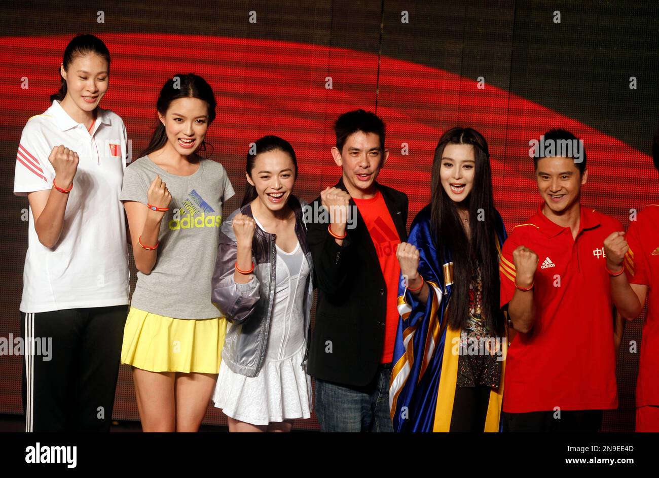From left former Olympic volleyball player Zhao Ruirui former Miss World Zhang Zilin Chinese actress Yao Chen Adidas managing director of Greater China Colin Currie Chinese actress Fan Bingbing and fo...