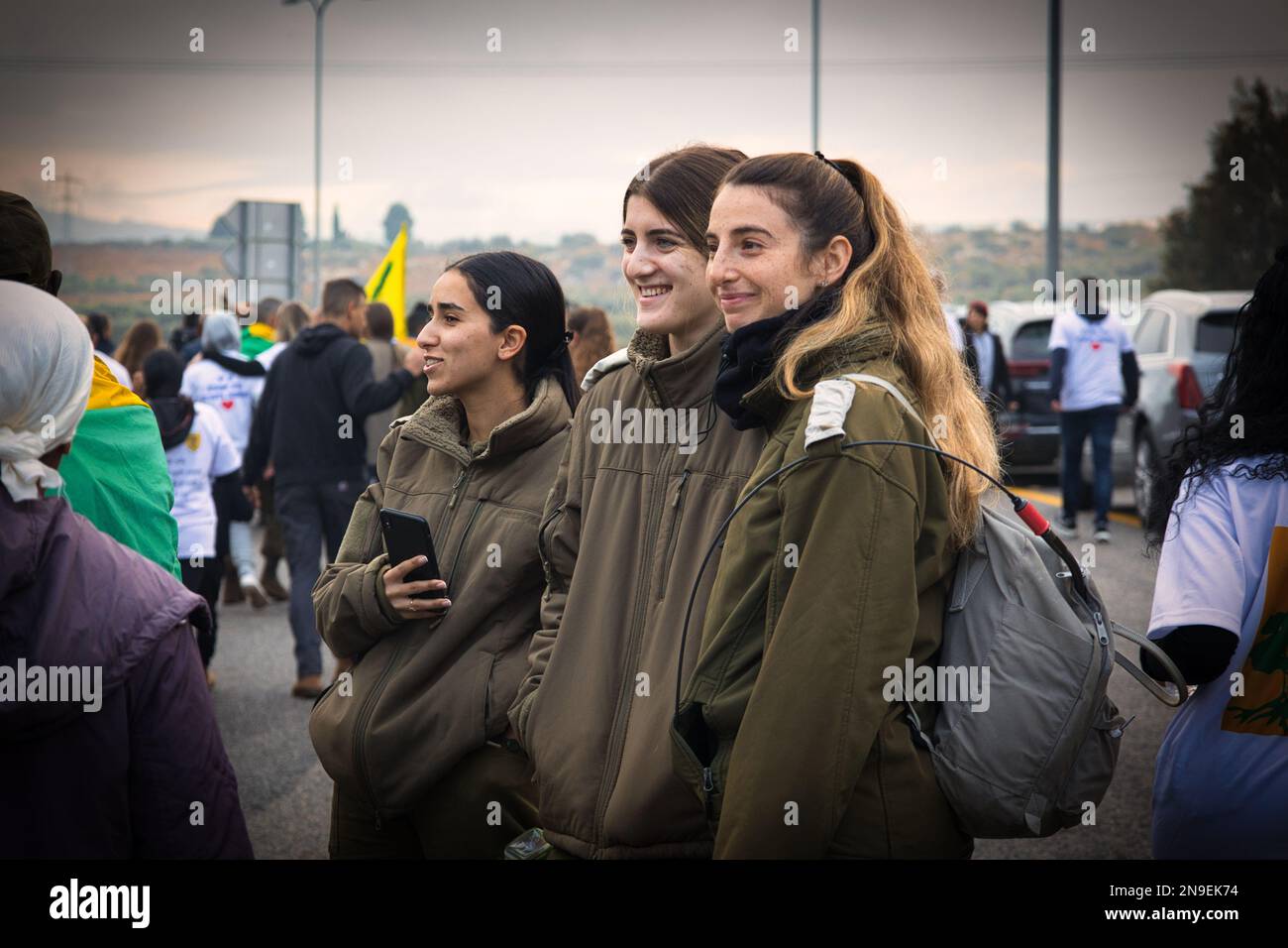 The female soldiers and citizens marching in the city of Golani Junction, Israel Stock Photo