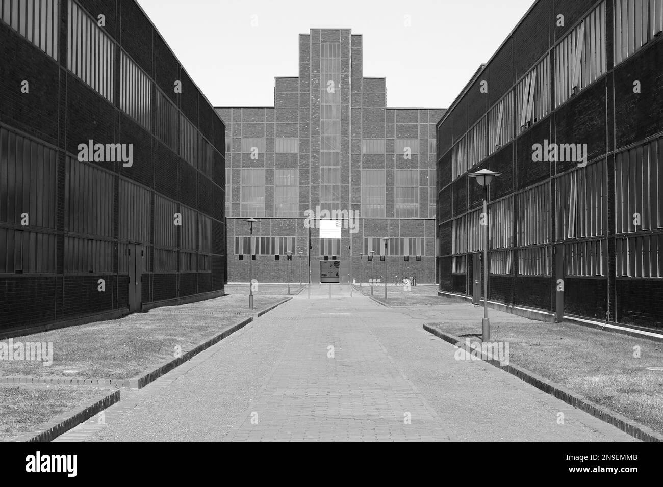 Essen, Germany - July 23, 2019: facade of historic headquarter building of  mine Zeche Zollverein. Nowadays it serves as  red dot industry museum in E Stock Photo