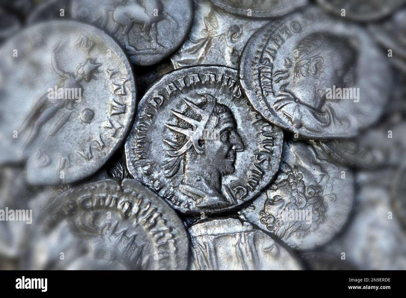 Collection of ancient Roman silver coins Stock Photo