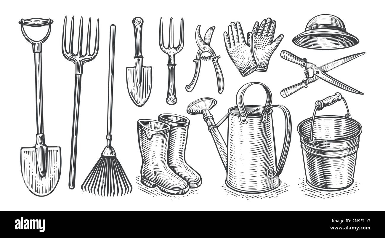 Garden equipment. Pitchfork, shovel, rake, watering can, bucket, gardening scissors, hat, boots, gloves. Tools set Stock Vector