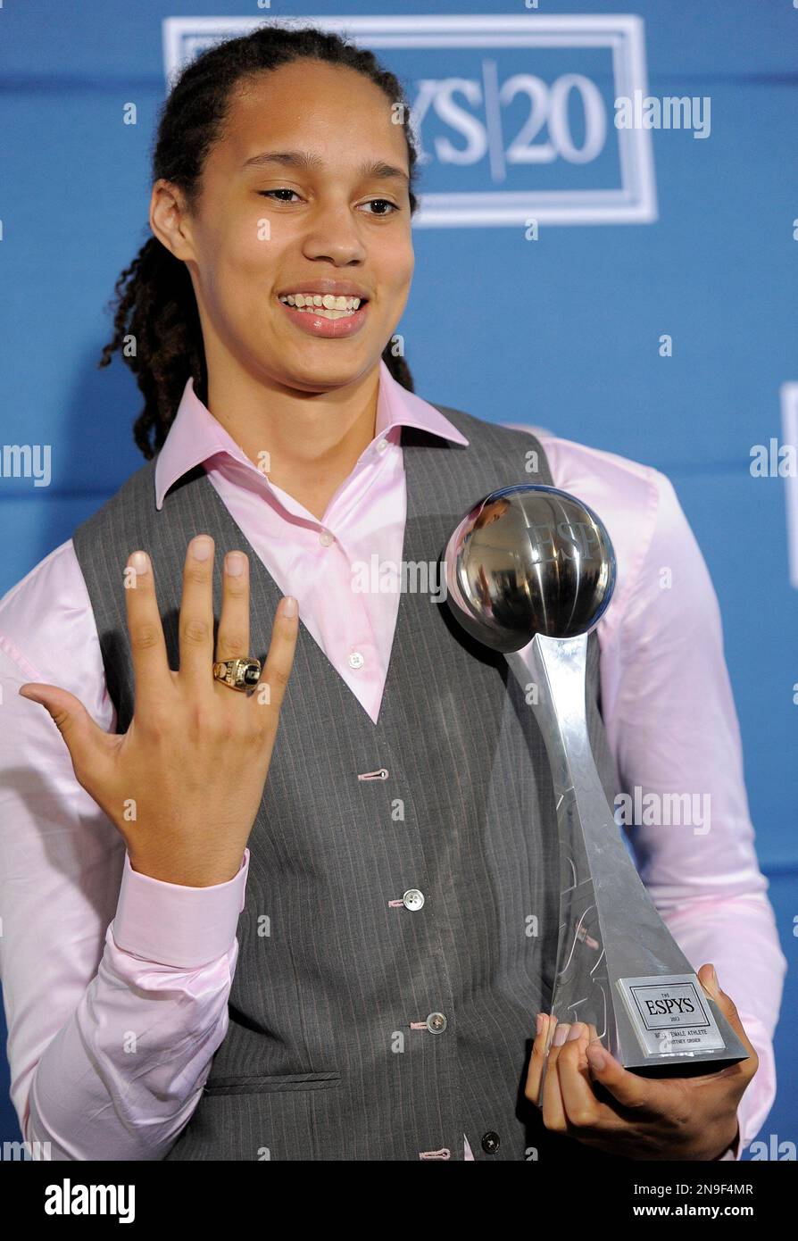 Brittney Griner, winner of best female athlete award, poses backstage at the ESPY Awards on