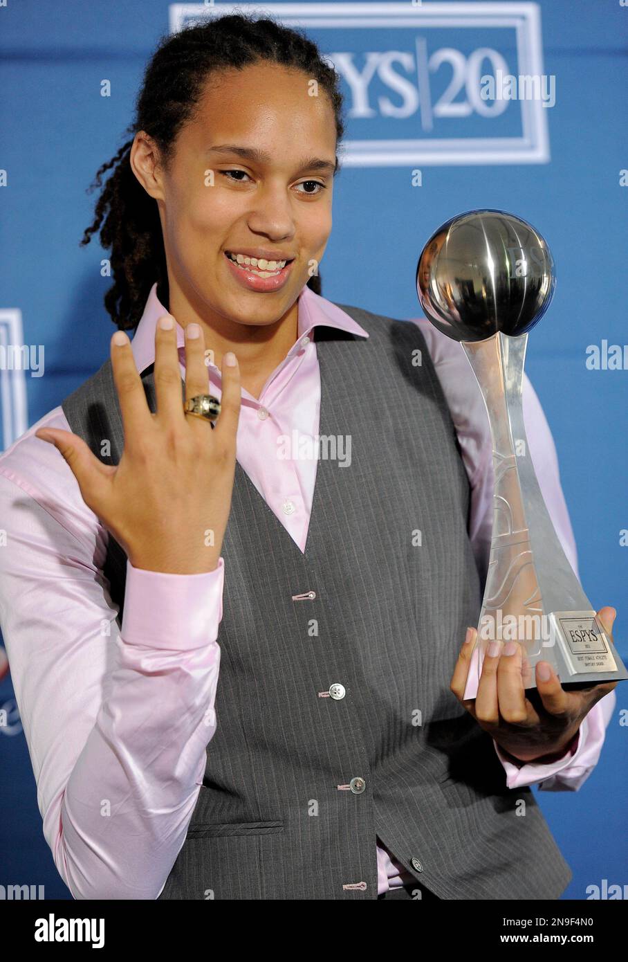 Brittney Griner, winner of best female athlete award, poses backstage at the ESPY Awards on
