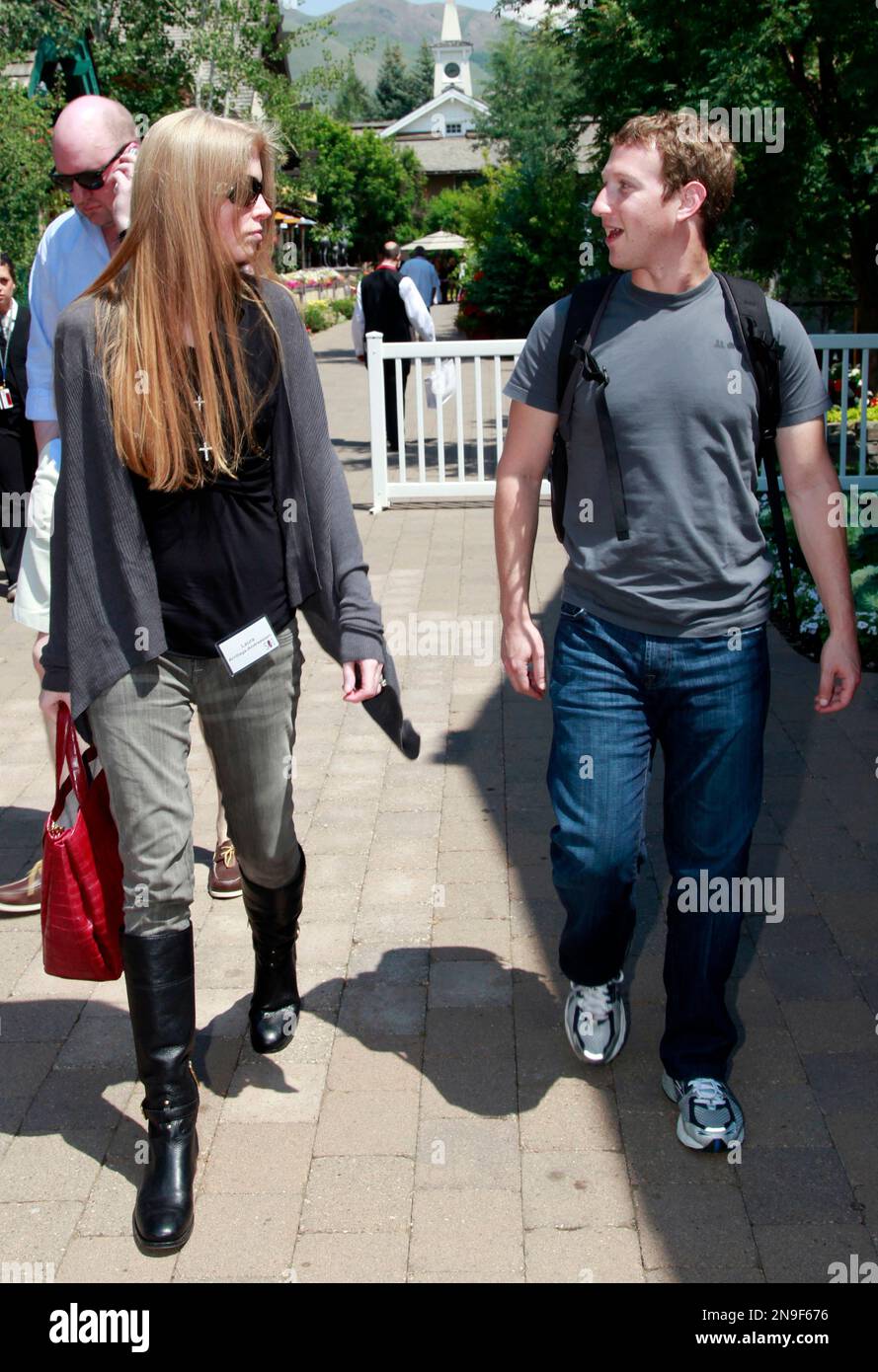 Facebook CEO Mark Zuckerberg walks with Laura Arrillaga-Andreessen, wife of Marc  Andreessen, at the Allen & Company Sun Valley Conference in Sun Valley,  Idaho, Wednesday, July 11, 2012. Marc Andreessen founded Netscape
