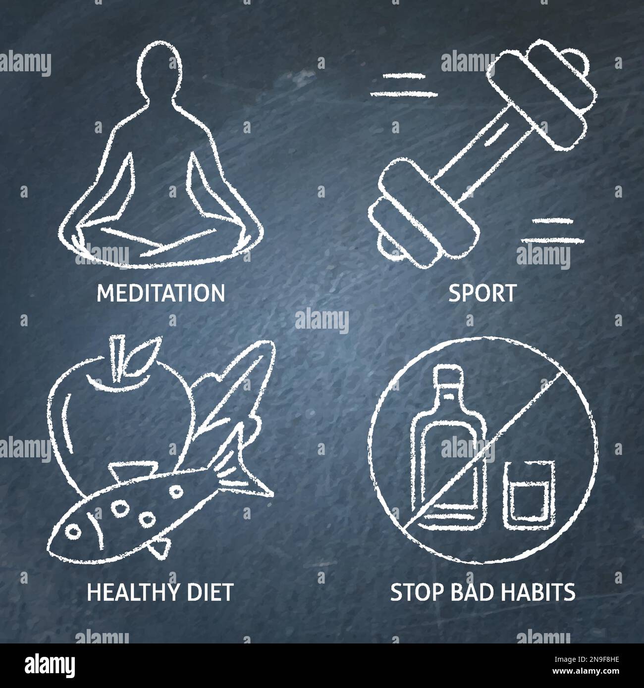 Healthy lifestyle icon set on chalkboard. Physical activity, good food