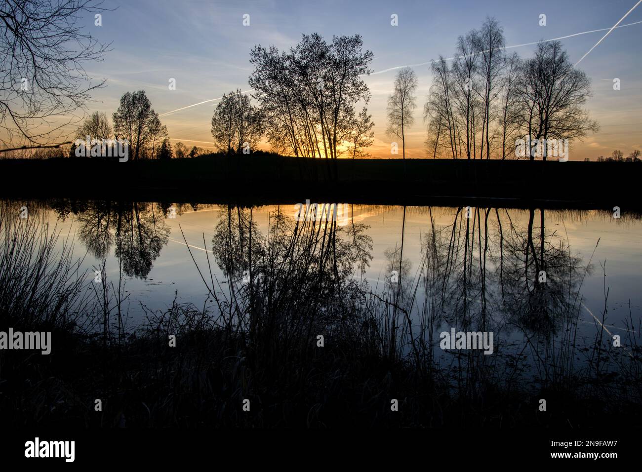 Pond trees reflection water sunset sky silhouette hi-res stock ...