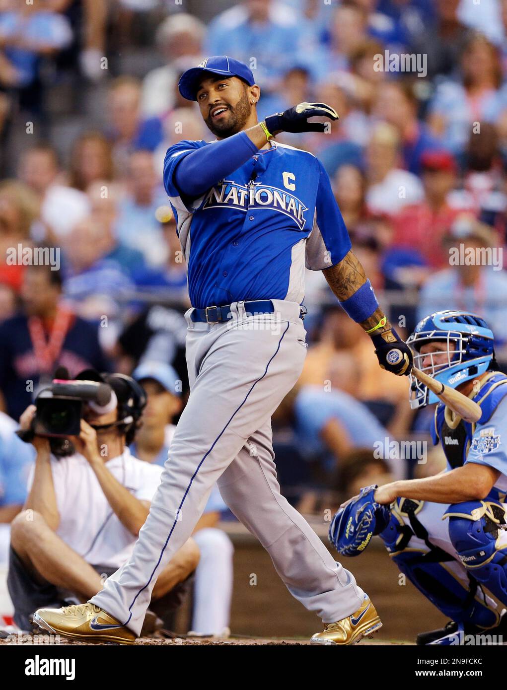 National League s Matt Kemp of the Los Angeles Dodgers participates in the MLB All Star baseball Home Run Derby Monday July 9 2012 in Kansas City Mo. AP Photo Jeff Roberson Stock Photo