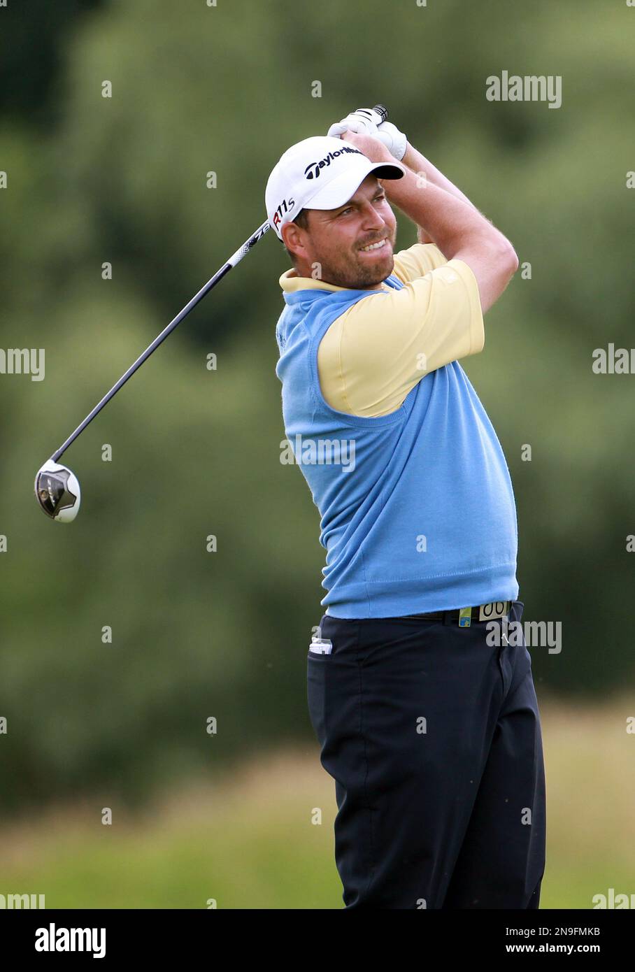 David Howell of England tees off at the 14th hole, on the third day of the  French Golf Open at the Golf National in Saint Quentin en Yvelines, west of  Paris, Saturday,