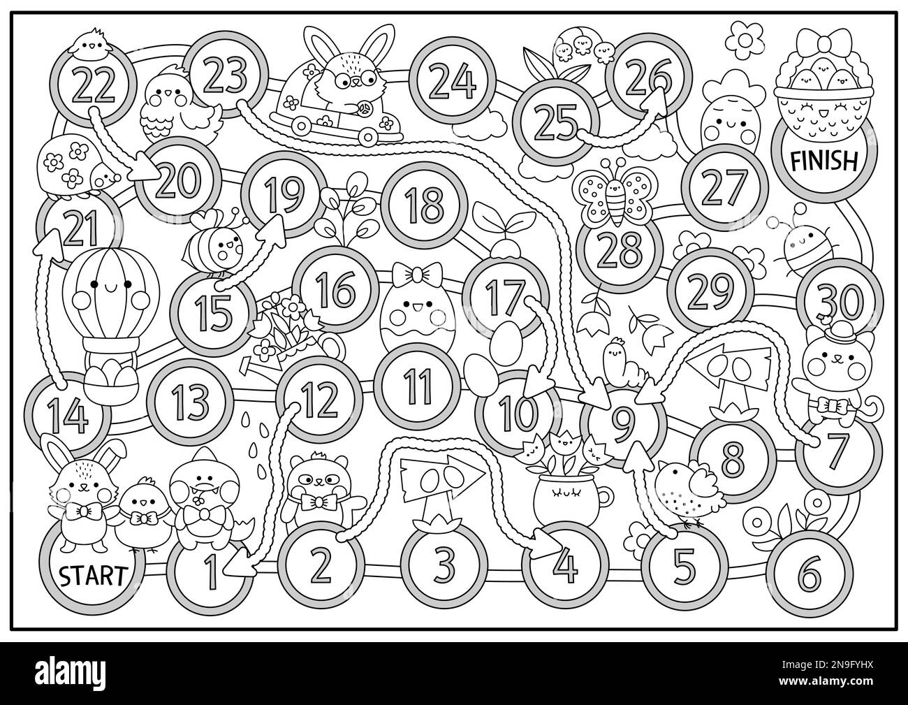Easter black and white board game for children with funny animals going for egg hunt. Spring